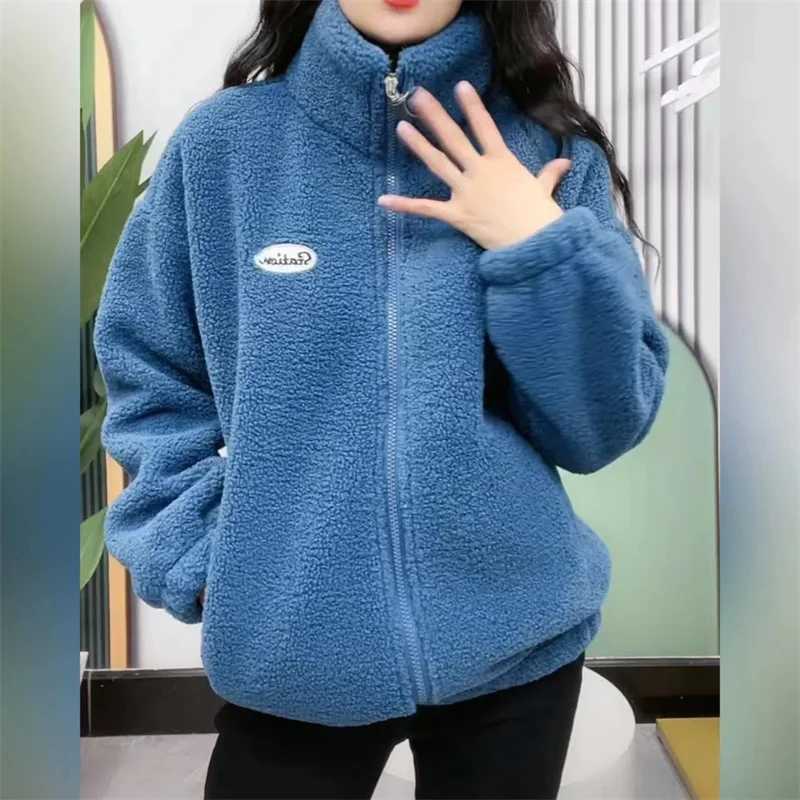 2024Winter New Coat Plus Velvet Padded Warm Jacket Womens Large Size Polar Fleece Outwear Loose Lambswool Coat Female Tide TopsX241018