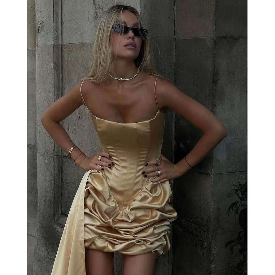 Straps Modern Evening Spaghetti Short Prom Gowns Sleeveless Satin Solid Color Custom Made Party Dresses 0719