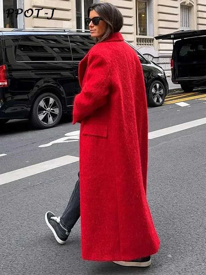Red Woolen Lapel Women Coat Full Sleeve Loose Pocket Lady Maxi Outwear 2024 Elegant Office Autumn Winter Back Split Female TopX241009