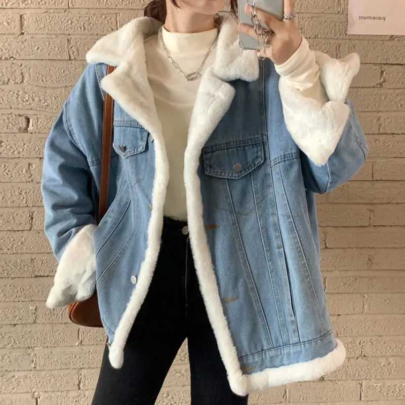 Oversized Womens Denim Jacket Plush Coat Autumn Winter Thickened Reversible Cotton Padded Streetwear Clothing Mujer Abrigo T174X241018