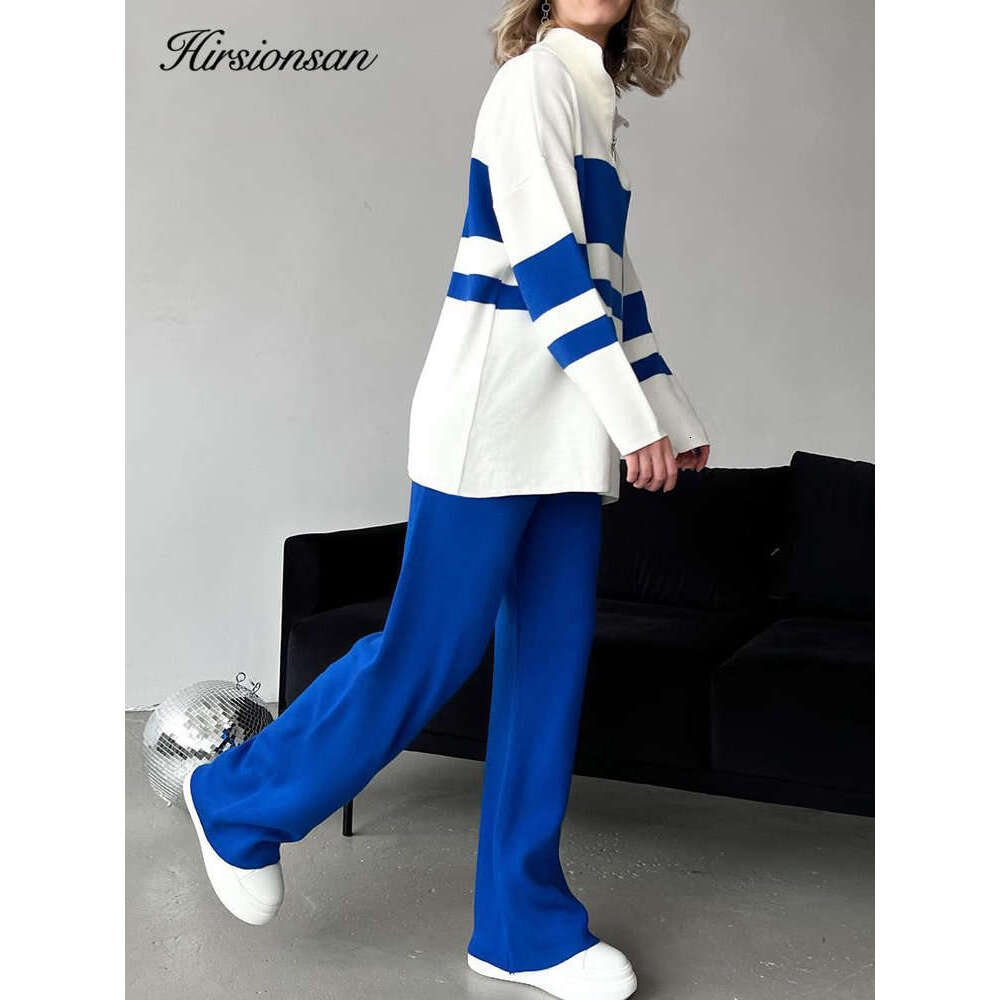 Hirsionsan 2023 Elegant Knitted Sweaters Suit Women Winter Loose Zip Collar Two Piece Sets Ladies Wide Pants Knitwear Tracuits