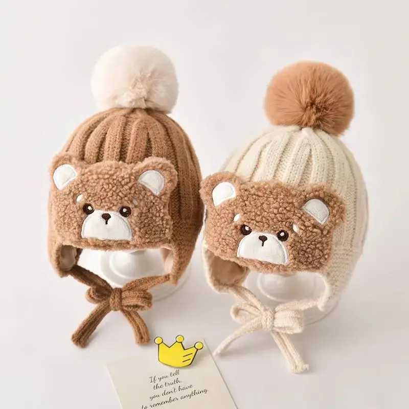 Baby Earmuff Hat Cute Bear Infant Knitted Cap Winter Pompom Kids Ear Protection Hats Toddler Thicken Woolen Caps LX241018
