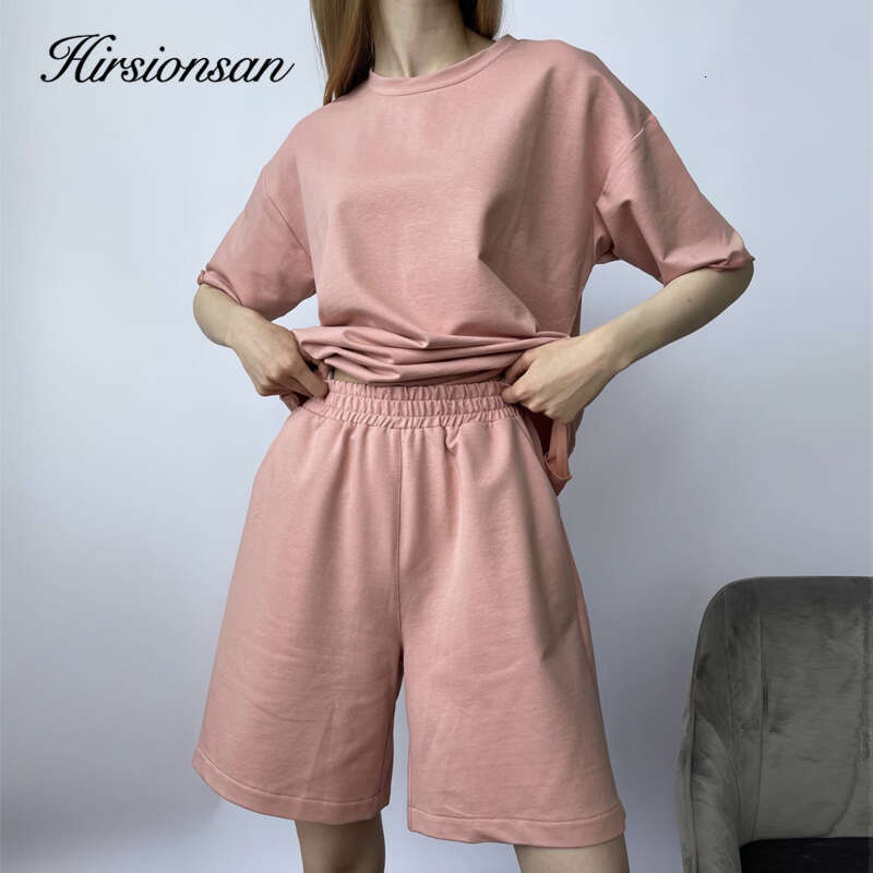 Hirsionsan Loose Soft Sets Women 2023 New Casual Two Pieces Short Sleeve T Shirts And High Waist Shorts Solid Outfits Tracuit