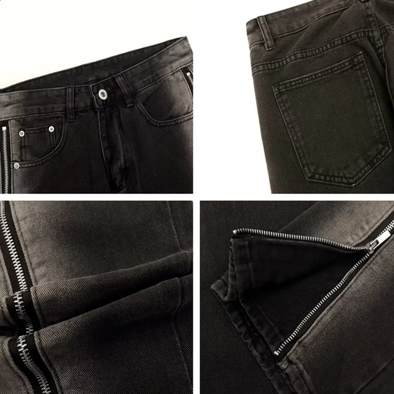 Y2K streetwear bag flash mens jeans split zipper straight retro wash black hip-hop denim Trouser Pantalon Homme 241007