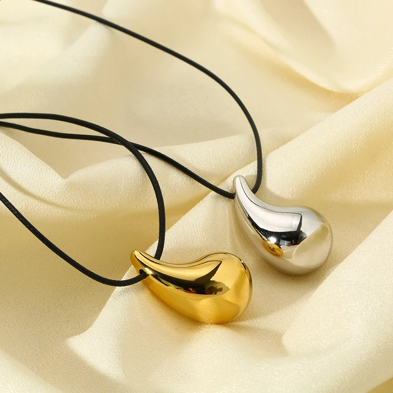 Fashionable gold-plated stainless steel thick water droplet pendant necklace suitable for women black rope geotextile necklace gift 241018
