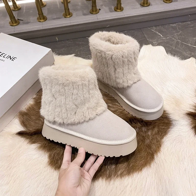 Mid Length Boots for Women's Winter 2024 New Western-style Thick Soles with Plush Insulation Fashion Women's Cotton Boots