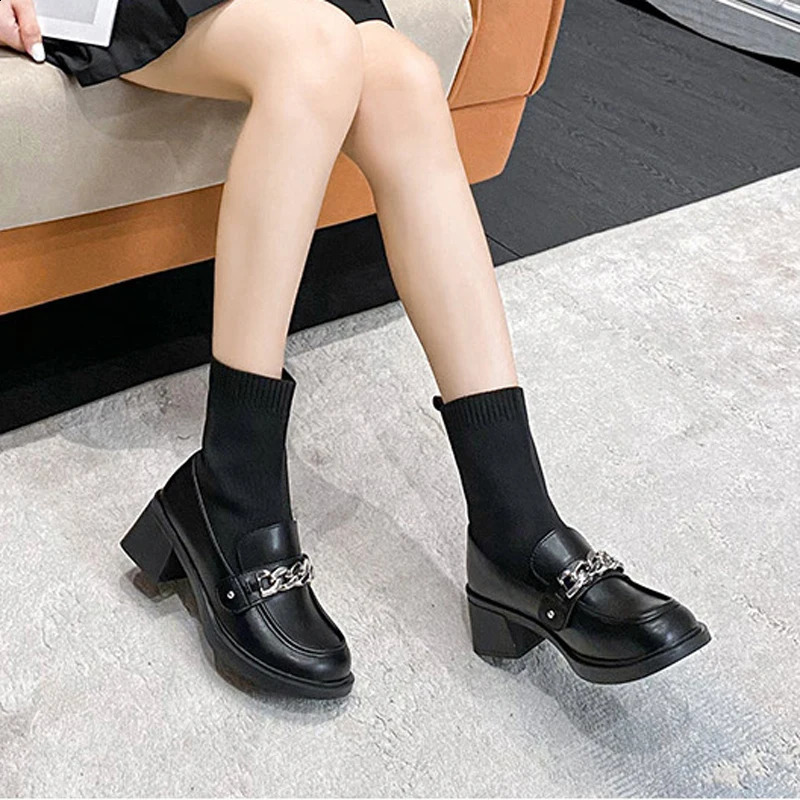 Women Chunky High Heels Boots Winter ShinyMatte Leather Sock Botas Mujer Stretch Slip On Femme Chain Chelsea Ankle Botines 241010