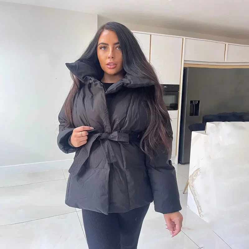 Malina Winter Thick Stand Collar Parkas Women Fashion Tie Waist Coats Elegant Solid Short Padded Jackets Female Ladies 241018