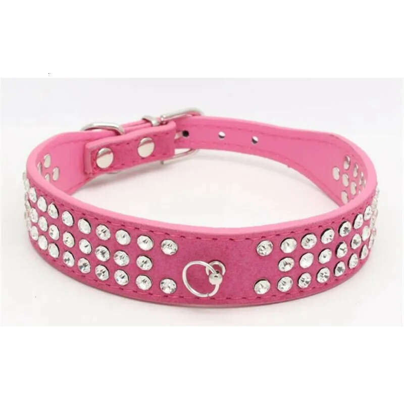 Jeweled Personalized Suede Length Rhies Skin Pet Collars Three Rows Sparkly Crystal Dias Studded Puppy Dog Collar