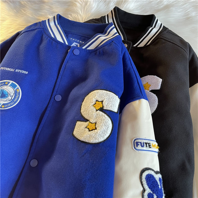 Street Style Patch Letter Embroidered Woolen Baseball Uniform Autumn And Winter Loose Simple Casual Jacket Couple Coat Tops