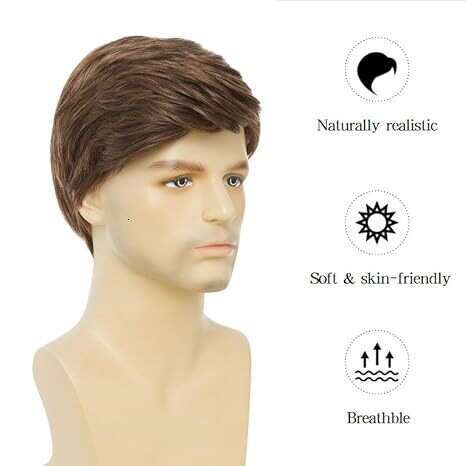 New Men's Fashionable Temperament Brown Partial Split Short Straight Hair High Temperature Silk Synthetic Headband Wig