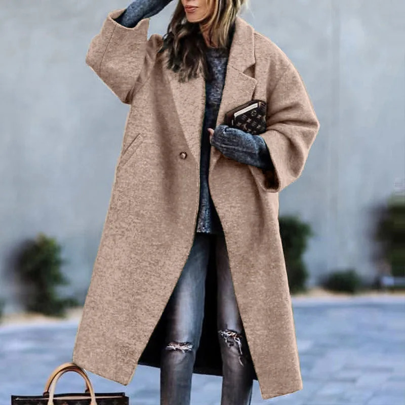 Womens Long Wool Blends Coat with Pockets Loose Overcoat Chic Elegant Coats Green Lapel Outerwears Winter 241018