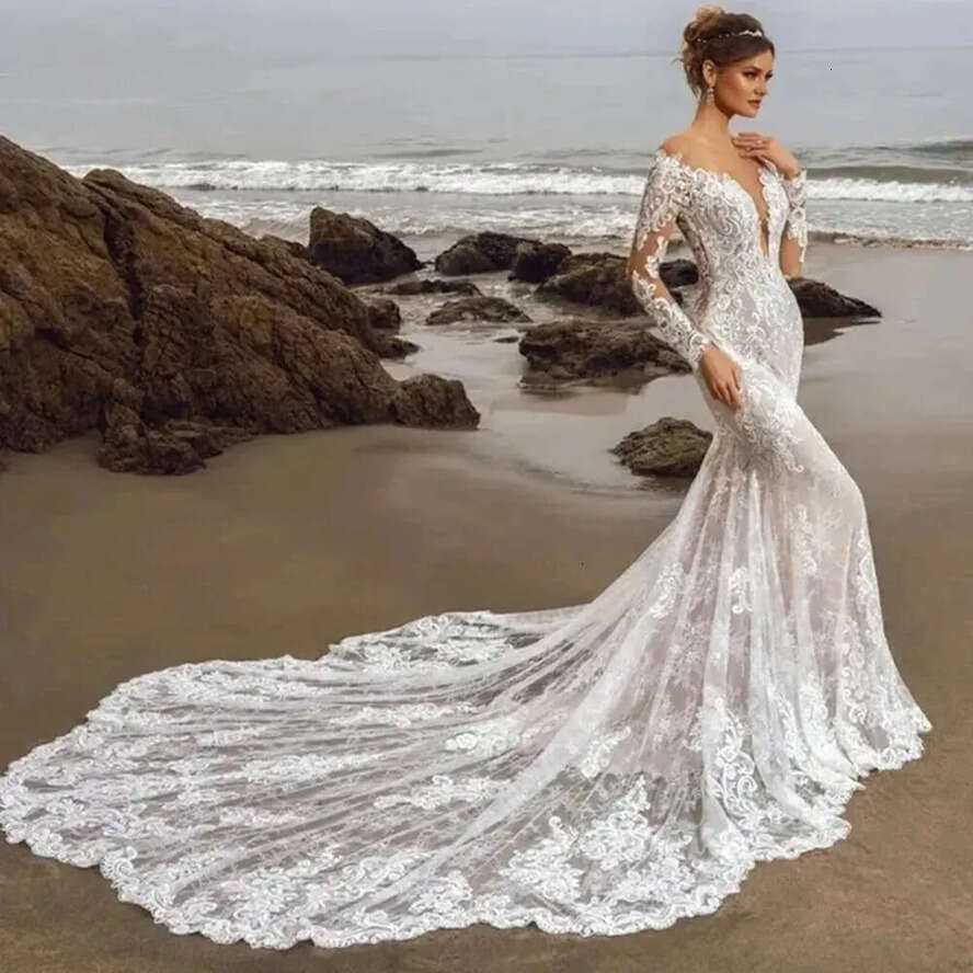 Long Bridal Gowns Mermaid Lace Illusion Scoop Necke Full Sleeves Chapel Train Plus Size Wedding Dresses Vestidos De Novia