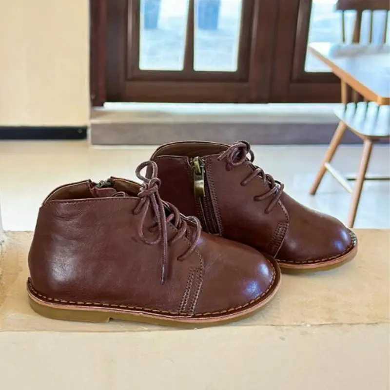 Boots Korean version childrens boots 2024 autumn and winter fashion trend genuine leather childrens zipper shoes anti slip girls boots H241018