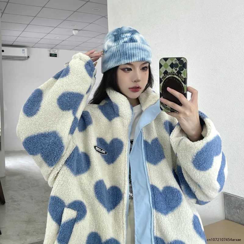 2023 Wear On Both Sides Thicked Lamb Wool Coats Autumn Winter Korean Loose Heart Print Jackets Harajuku Simple New Parkas TopsX241018