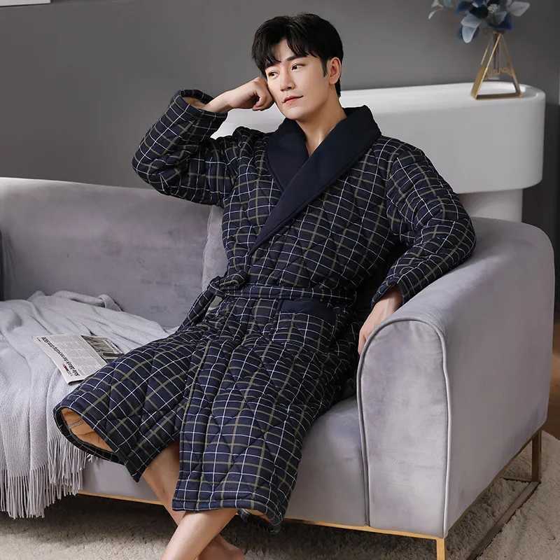 New Winter Cotton-Padded Robe Kimono Bathrobe Gown Thickened Warm Sleepwear Nightwear Loose Print Stripes Home Wear LoungewearXJ241018