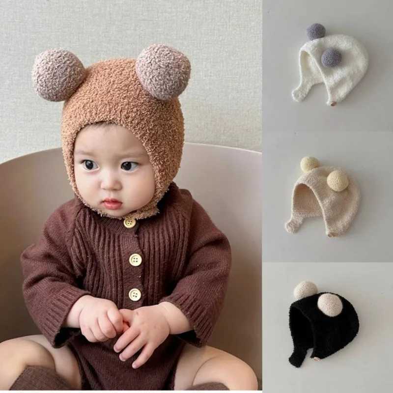 Cute Winter Warm Kids Girl Boys Baby Hats Fleece Wool Hemming Caps with Ball Solid Wool Ear Protection Hats Soft Newborn Bonnet LX241018