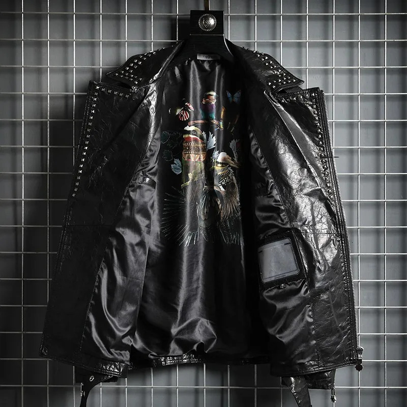 Punk Style Outerwear Rivets Zipper Motorcycle Biker Jacket Men TurnDown Collar Genuine Leather Cowhide Coat Mens Short Jackets 241018