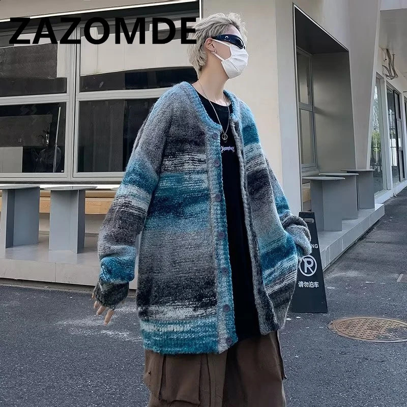 ZAZOMDE Mens Knitted Hip Hop Y2K Sweater Loose V-neck Single Chest Strap Knitted Striped Open Woolen Sweater Winter Coat 241007