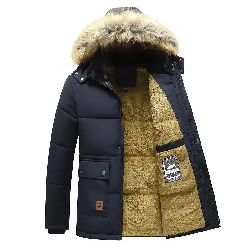 Men Winter Autumn Work Outwearing Parka Black Fleece Lined Thick Warm Hooded Fur Collar Coat Male Size 5XL Plush Jacket 241018