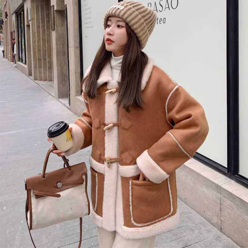 Popular Retro Maillard Lamb Wool Coat for Womens 2024 Winter Korean Version Cow Horn Button Fur Integrated Cotton Coat Y161X241018