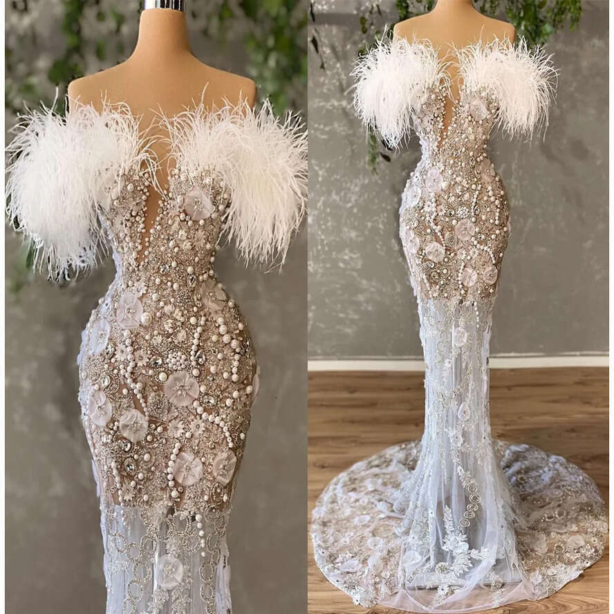 Arabic Aso Size Plus Ebi Urious Lace Beaded Wedding Dress Feather Sweetheart Bridal Gowns Dresses ZJ es