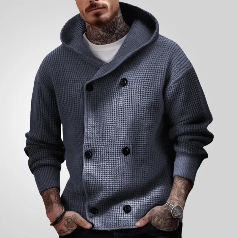 Mens Streetwear Knit Hooded Cardigan Buttondown Long Sleeve Sweater Knitwear Retro Loose Thickened Leisure Hoodie 241018