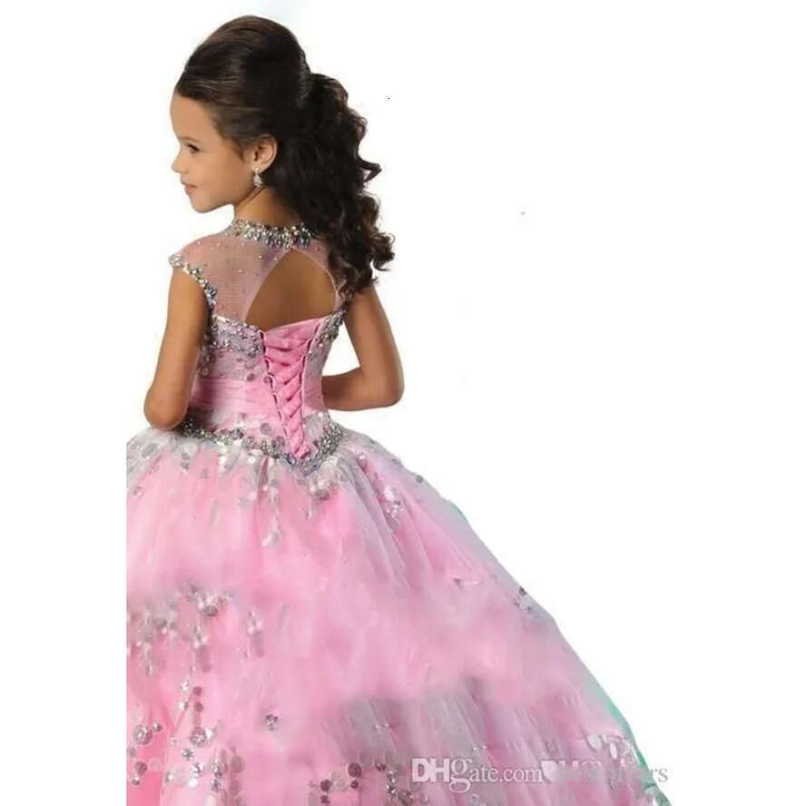 Pageant 2020 Princess Girl's Beaded Ruffles Sheer Neck Ball Gown Or Length Pink Blue Wer Girl Dresses Sequins Dress