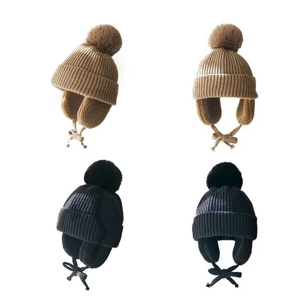 Winter Children Knitted Wool Hats Windproof Warm EarFlaps Hat Cute Plush Lining Cashmere Hat for Boys Girls 2-8 years old LX241018