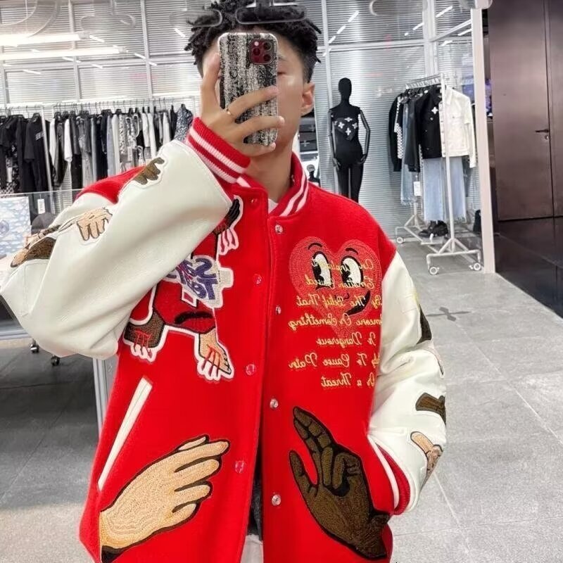 Y2k American Uniform Coat Loose Red Embroidery High Quality Men Casual Spring Women Baseball Jacket