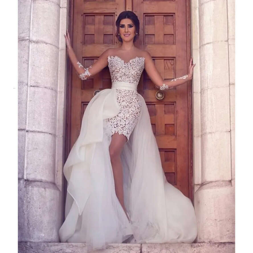 Short Arabic Wedding Sexy Dresses A E Jewel Neck Illusion Long Sleeves Lace Appliques Hi Lo Overskirts Plus Size Formal Bridal Gowns ppliques