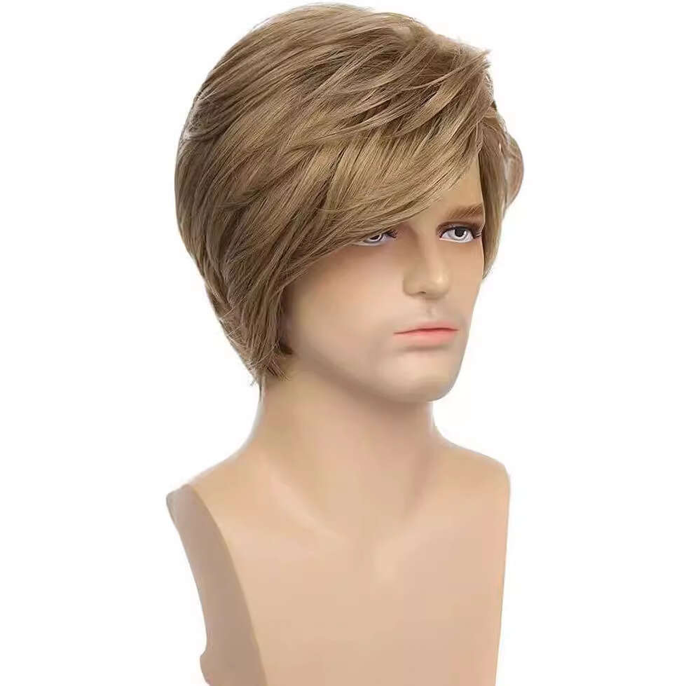 2023 Light Brown Men's Short Wig Layered Straight Hair Fluffy Natural Direct Sales