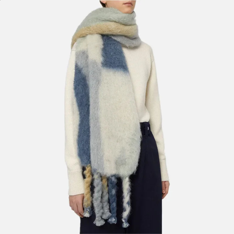 Mohair Contrast Gradient Scarf Thickened Tassel Colorful Fashion Couple Neckband Kawaii Winter Warm Cashmere Scarf Accessories 241009