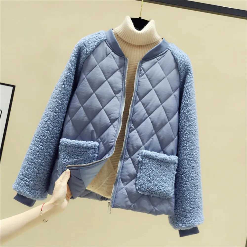 Fashion Short Imitation Wool Lamb Splicing Womens Coat Winter New Small Cotton Padded Jacket Casual All-match Female Coat TopsX241018