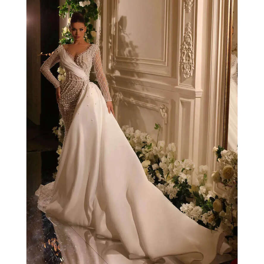 Whole Body Dresses Wedding Mermaid V Neck Gorgeous Chain Pearls On Tulle Long Sleeves Applicants Detachable Train Custom Made Plus Size Vestidos De No