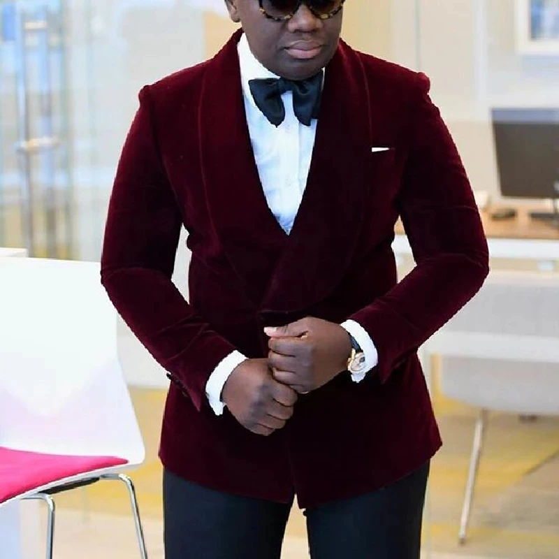 Double Breasted Formal Men Suits Slim Fit with Burgundy Velvet Blazer Shawl lapel Groom Tuxedo for Wedding 2 Pieces Jacket Pants