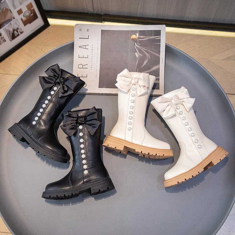 Boots Girls High Boots with Bow-knot Non-slip Fashion Children Pearls Elegant Princess Boots Side Zipper Kids Leather Long Boots H241018