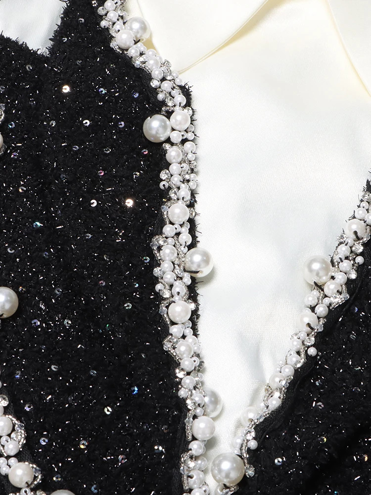 TWOTYLE Elegant Embroidered Glitter Dress for Women Flip Collar Long Sleeve High Waist Splicing Pearl Colored LOC Dress Womens Style 241017