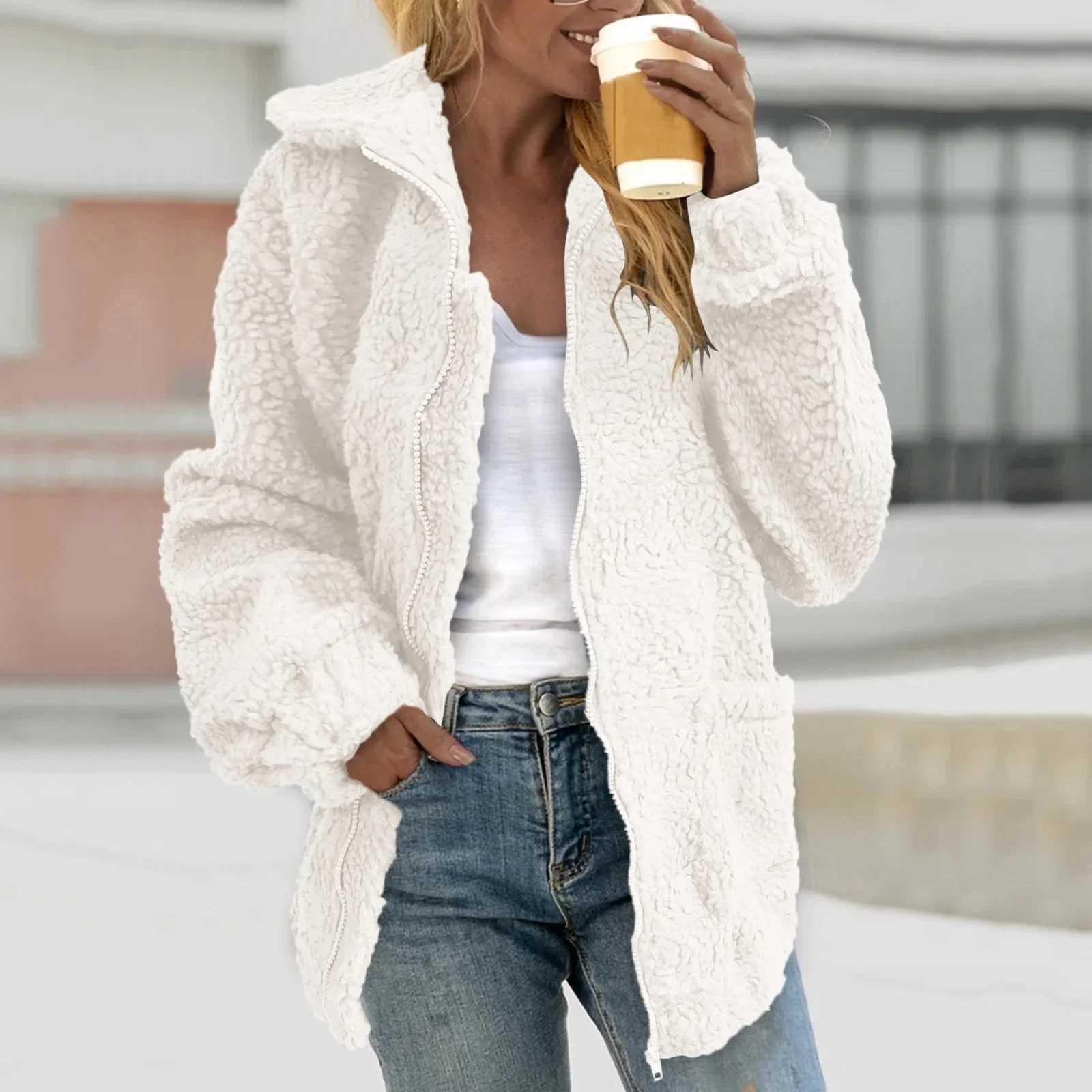 Fashion 2023 Autumn Women Teddy Bear Fluffy Jacket Stand Collar Loose Plush Jacket Brown Solid Warm Outwear Faux Lamb CoatsX241018