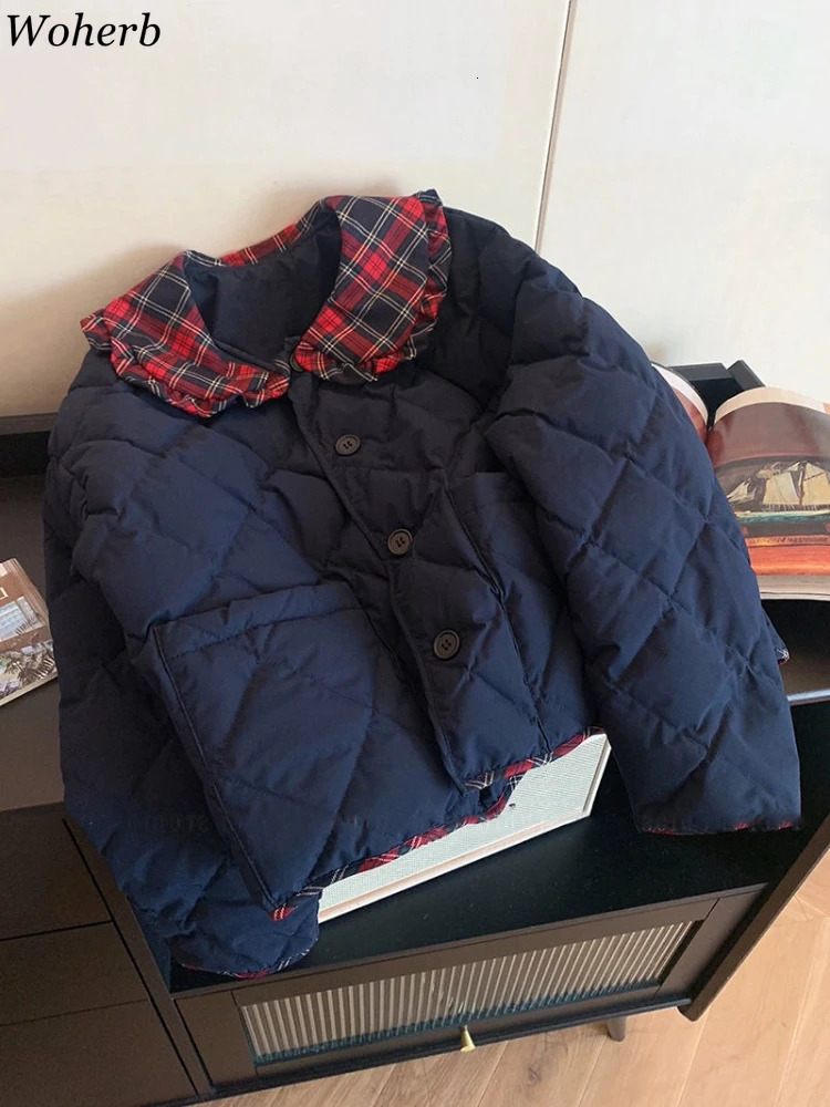 Preppy Doll Collar Warm Patchwork Coats Women Casual Pocket Tops Winter Short Loose Single Breasted Y2K All Match Parkas 241018