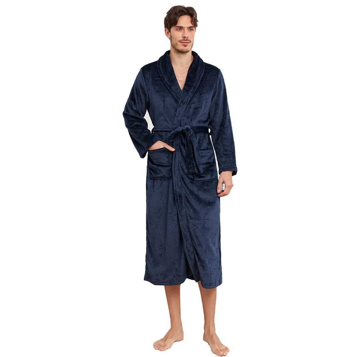 Mens Flannel Kimono Robe Nightwear Female Winter Warm Homewear Bathrobe Gown Shower Solid Sleepwear With Pocket LoungewearXJ241018