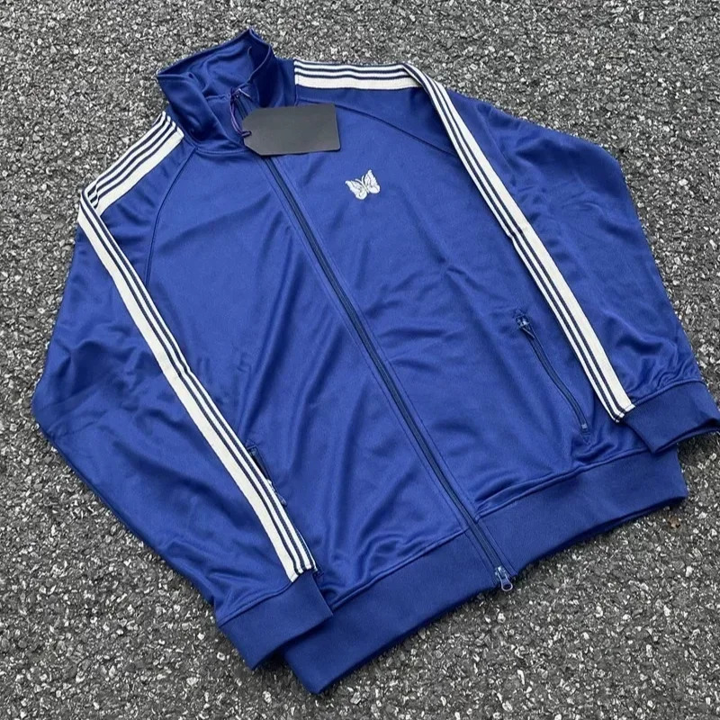 ss Butterfly Embroidery AWGE Blue Track Jacket Men Women Quality White Striped Oversized Casual Zipper Jackets 241018
