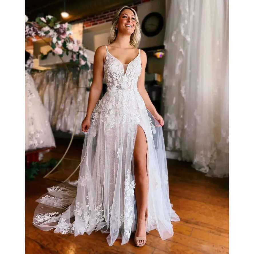 Summer Tulle Bohemian Elegant Lace Wedding Drs A E Backls Spaghetti Straps Appliqu Ruffl Long Bridal Gowns With Front Split Rob De Bc ppliqu