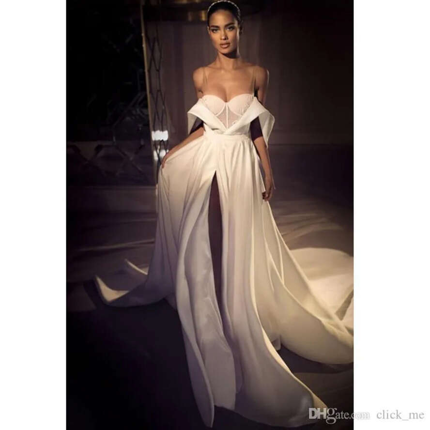 Backless E Satin A Dresses With Detachable Train Off Shoulder Front Split Vestidos De Novia Plus Size Bridal Gowns Wedding Dress