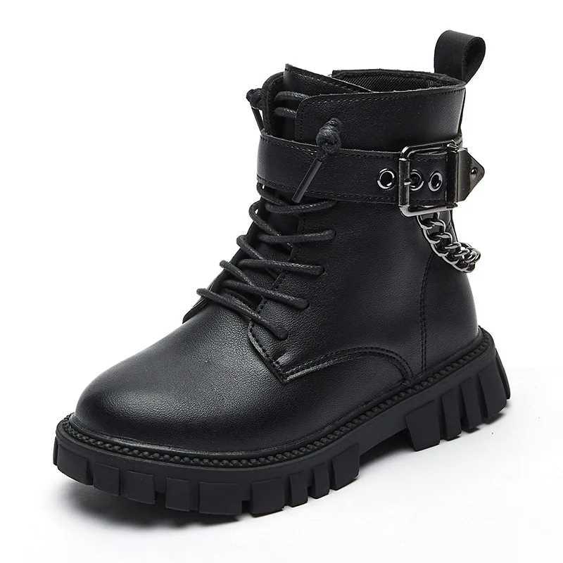 Boots Children New Boots Soft-soled Girls Boots Autumn and Winter Warm British Style Boys Leather Boots dent Metal Chain Hot H241018