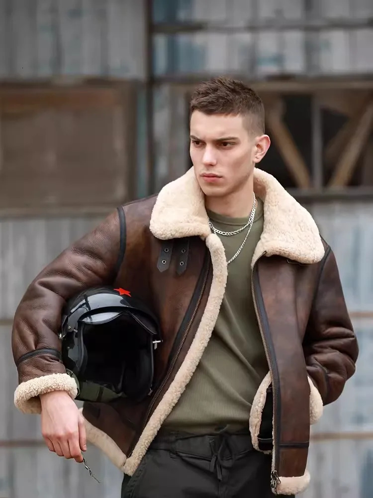 Classic Natural Real Fur Shearling Coat Men Zipper Streetwear Winter Warm Wool Mens Genuine Leather Pilot Motorcycle Jacket 241018