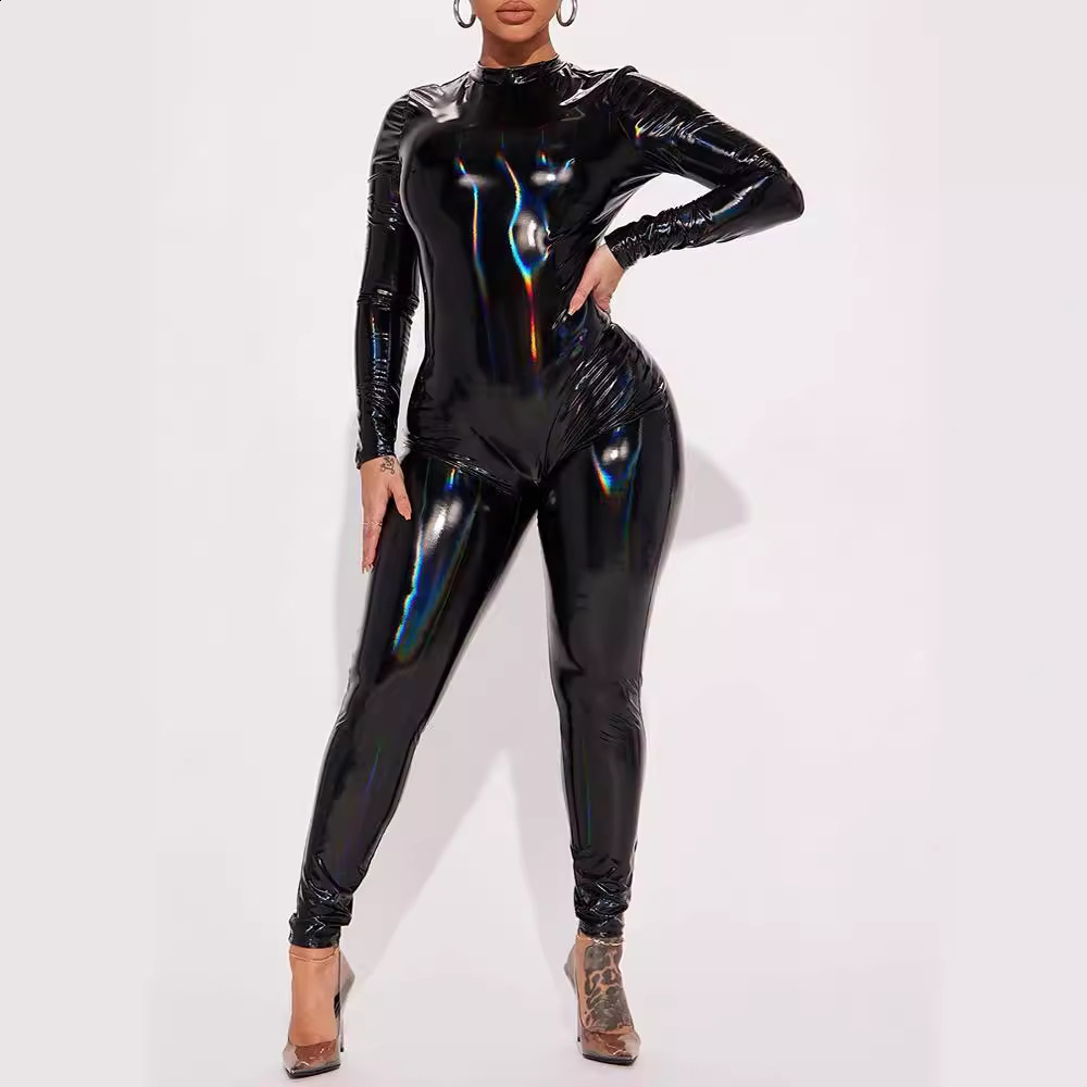 Plus Size Women Shiny Patent Leather Jumpsuits Sexy Backless Faux Latex Rompers Long Sleeve Stretch Bodycon Clubwear 240819
