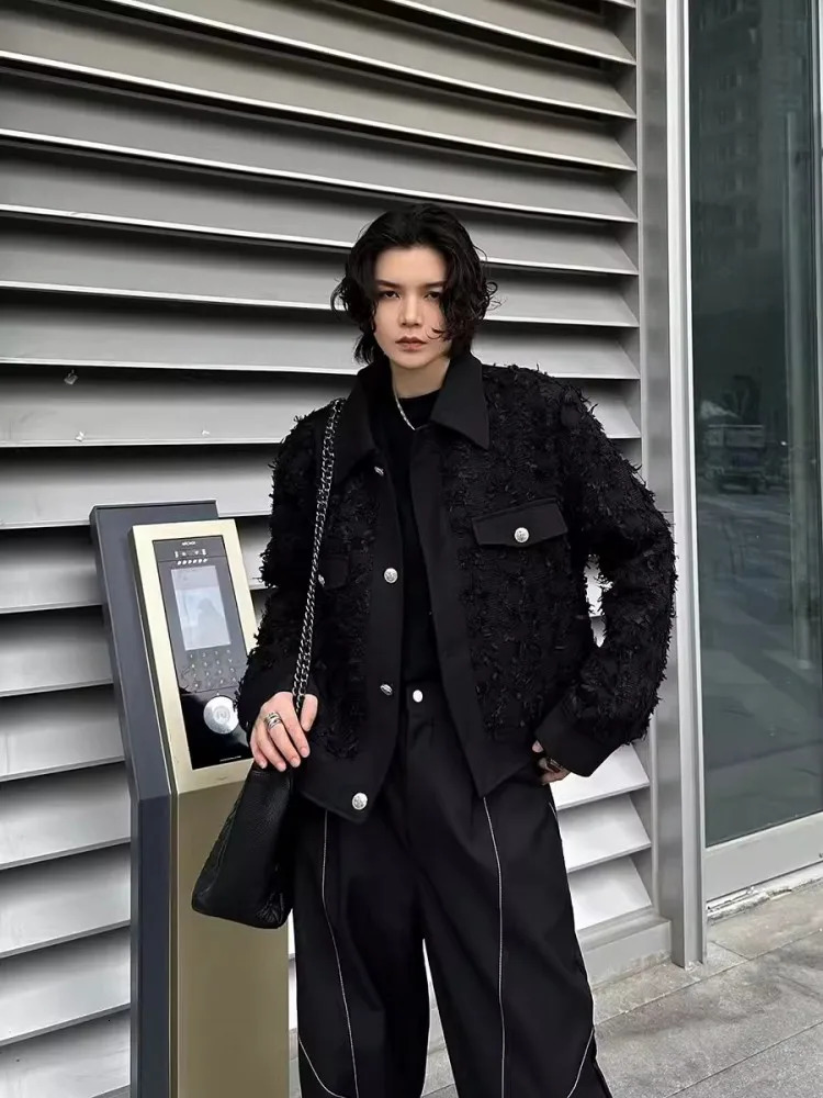 Fashion Mens n Tassels Black Jacket Single Breasted Loose Fit Casual Outerwear Long Sleeve TurnDown Collar Short Coat Male 241018