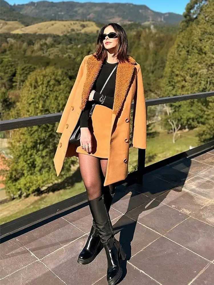 Womens Brown Lamb Wool Patchwork Midi Jacket Fashion Solid Lapel Double Breasted Warm Coat Autumn Lady Commute Office OutwearsX241018