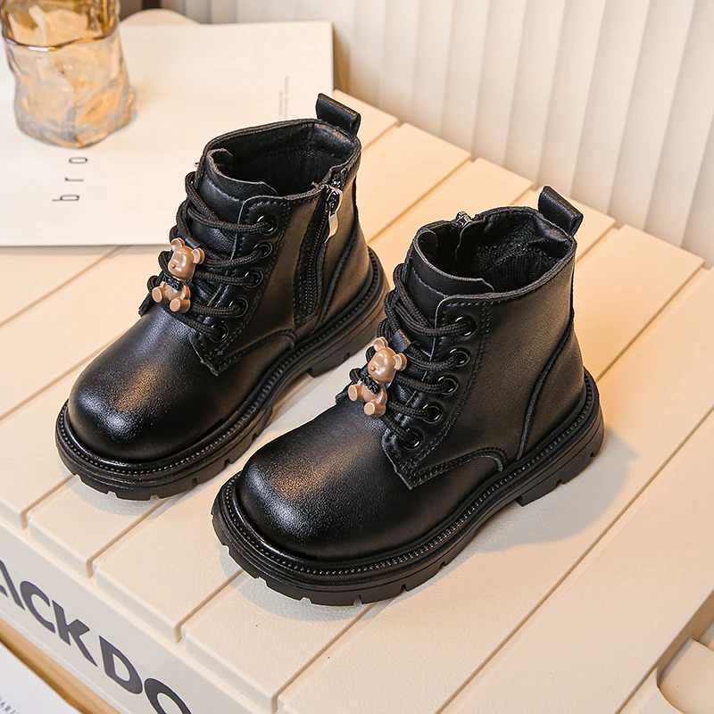 Boots Children Fashion Boots Girls Leather Short Boots Retro Kids Ankle Boots with Bear Doll Anti-Slippery Spring Autumn 2024 New H241018